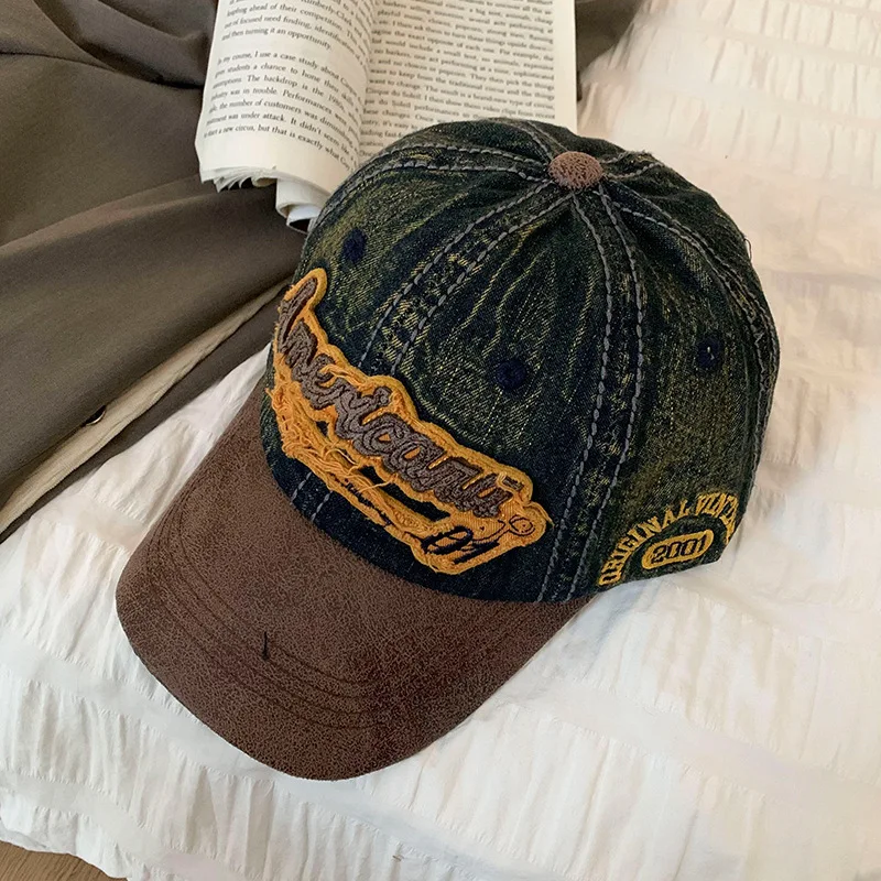 New Casual Splicing Retro Baseball Caps Cotton Denim Tattered Jeans Sun Hat Sunscreen Hat Sun Cap Peaked Cap Girl