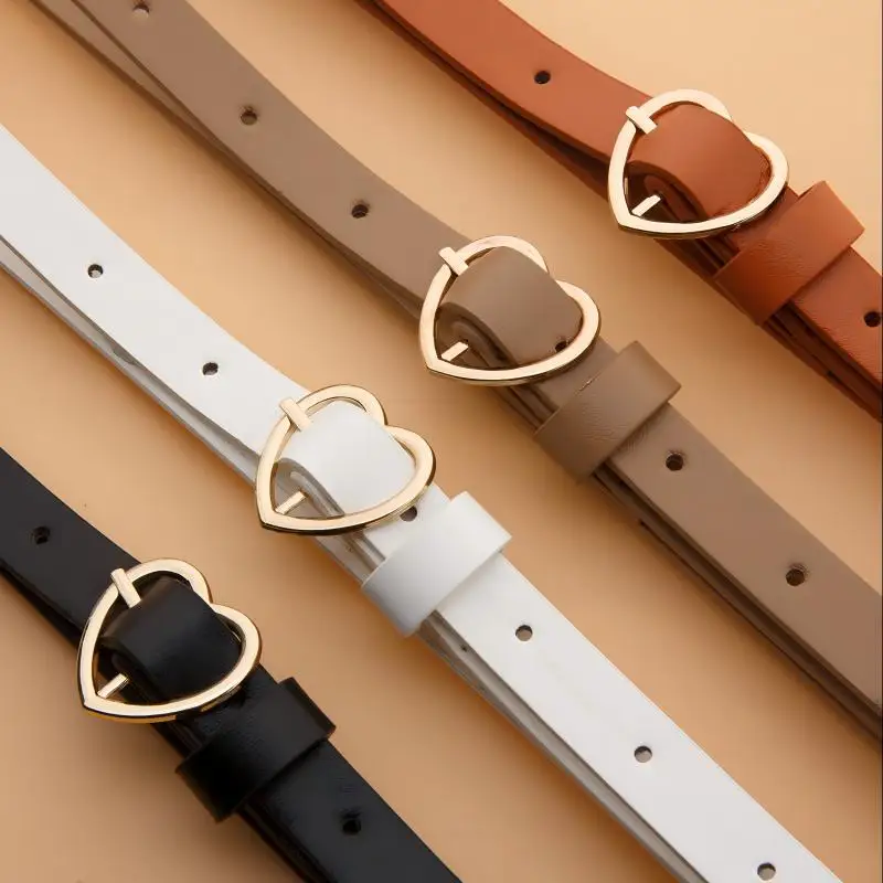 A Set of Three Heart-Shaped Gold Buckle Thin Waist Belt, Versatile for Daily Use