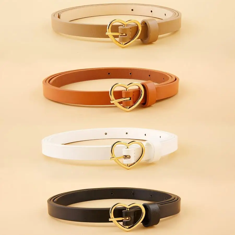 A Set of Three Heart-Shaped Gold Buckle Thin Waist Belt, Versatile for Daily Use