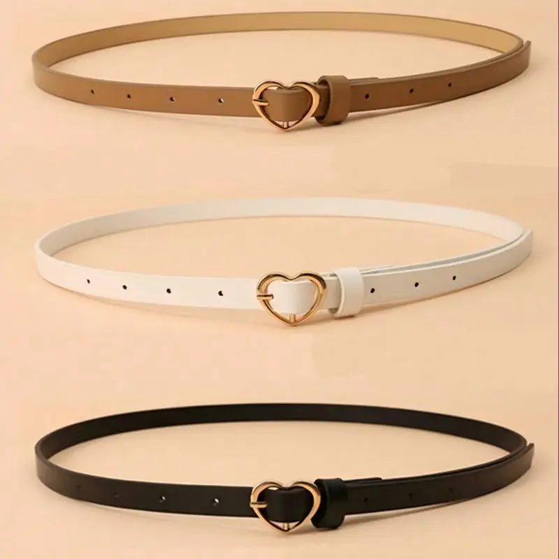 A Set of Three Heart-Shaped Gold Buckle Thin Waist Belt, Versatile for Daily Use