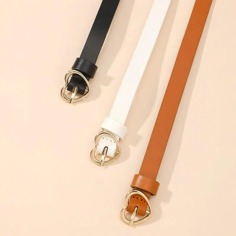 A Set of Three Heart-Shaped Gold Buckle Thin Waist Belt, Versatile for Daily Use