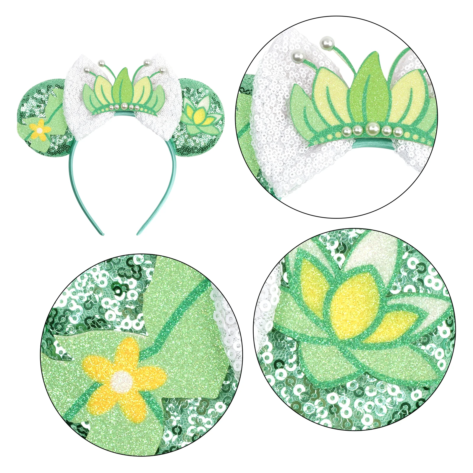 Princess and Frog Themed Mouse Ears Headbands Women Party Hair Accessories Bird DIY Headband for Girls Kids Sequins Bow Hairband