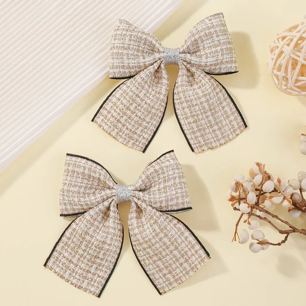 2Pcs/set Houndstooth Bowknot Hairclip for Girls Handmade Nylon Hairgripes Simple Temperament Pearl Hair Accessories Wholesale