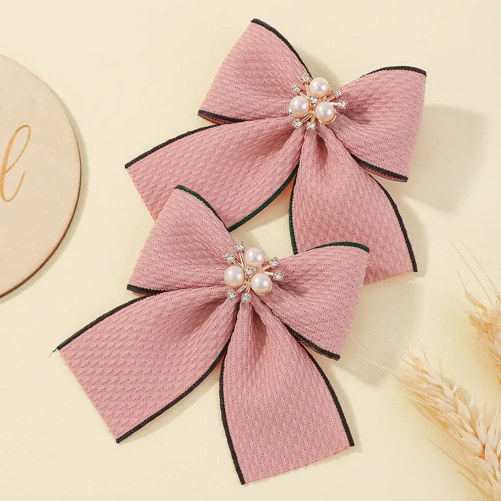 2Pcs/set Houndstooth Bowknot Hairclip for Girls Handmade Nylon Hairgripes Simple Temperament Pearl Hair Accessories Wholesale