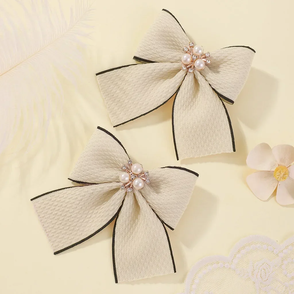 2Pcs/set Houndstooth Bowknot Hairclip for Girls Handmade Nylon Hairgripes Simple Temperament Pearl Hair Accessories Wholesale