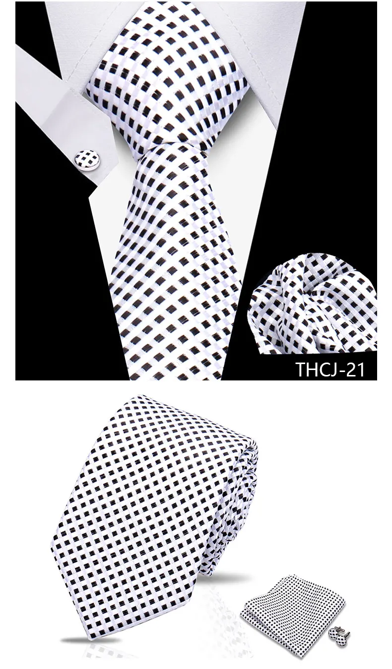Tie Man Luxury Business Neck Tie For Mens Cufflinks Pocket Square Set 7.5cm Necktie For Wedding Party Shirts Sets White Cravats