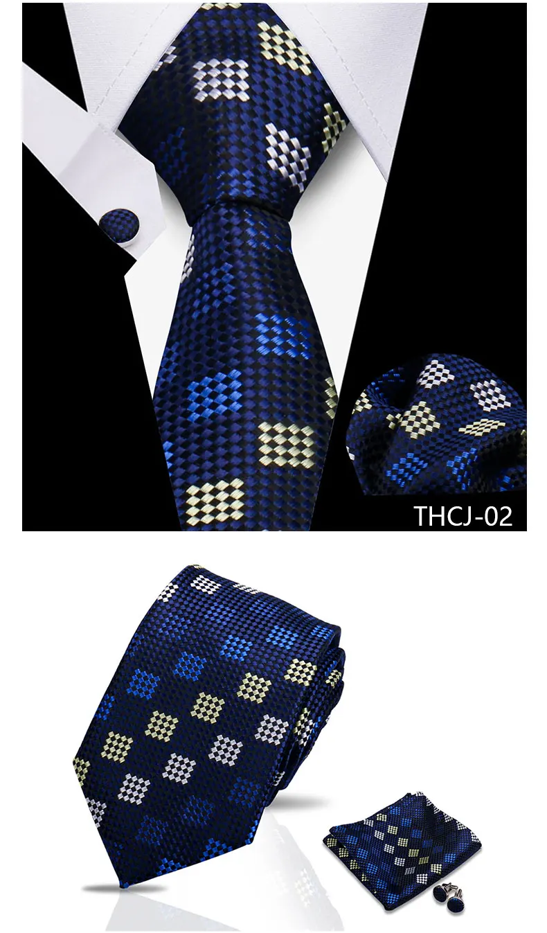 Tie Man Luxury Business Neck Tie For Mens Cufflinks Pocket Square Set 7.5cm Necktie For Wedding Party Shirts Sets White Cravats
