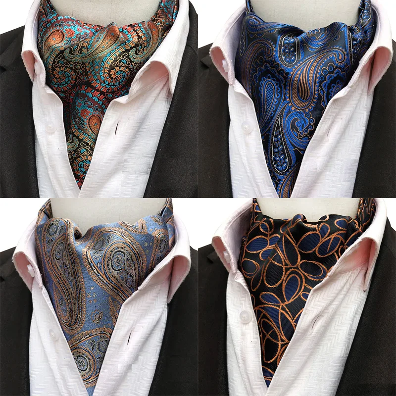 Mens Ascot Necktie Paisley Floral Ties For Man Polyester Jacquard Woven Cravat For Wedding Business Party Accessories
