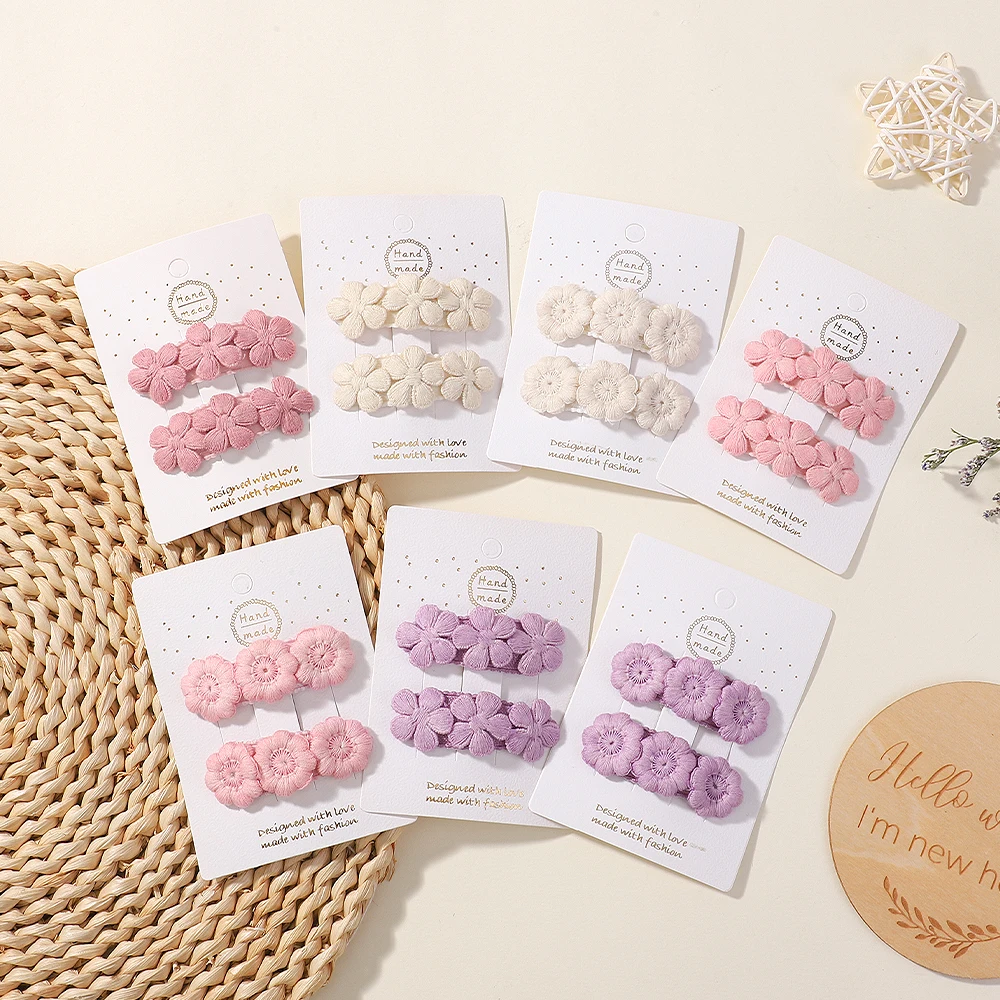 2pcs Floral Embroidery Hairpins Children Hair Clips Geometric Sweet Girls Vintage Baby Hairpins BB Barrettes  Hair Accessories