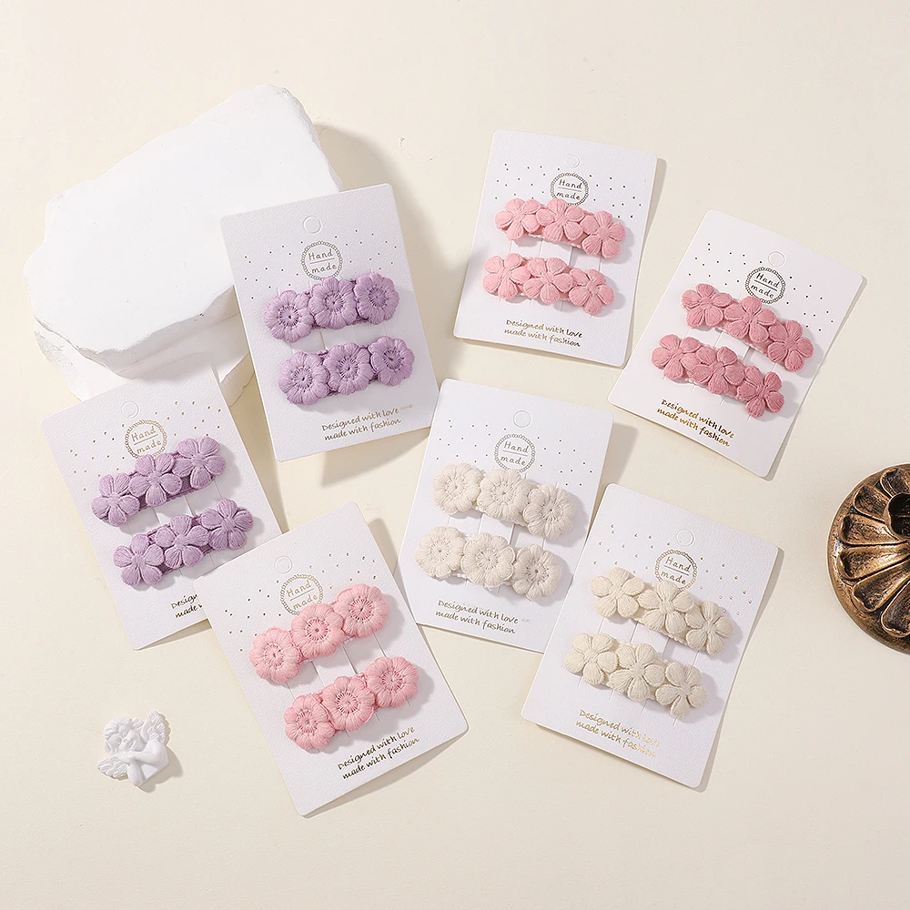 2pcs Floral Embroidery Hairpins Children Hair Clips Geometric Sweet Girls Vintage Baby Hairpins BB Barrettes  Hair Accessories