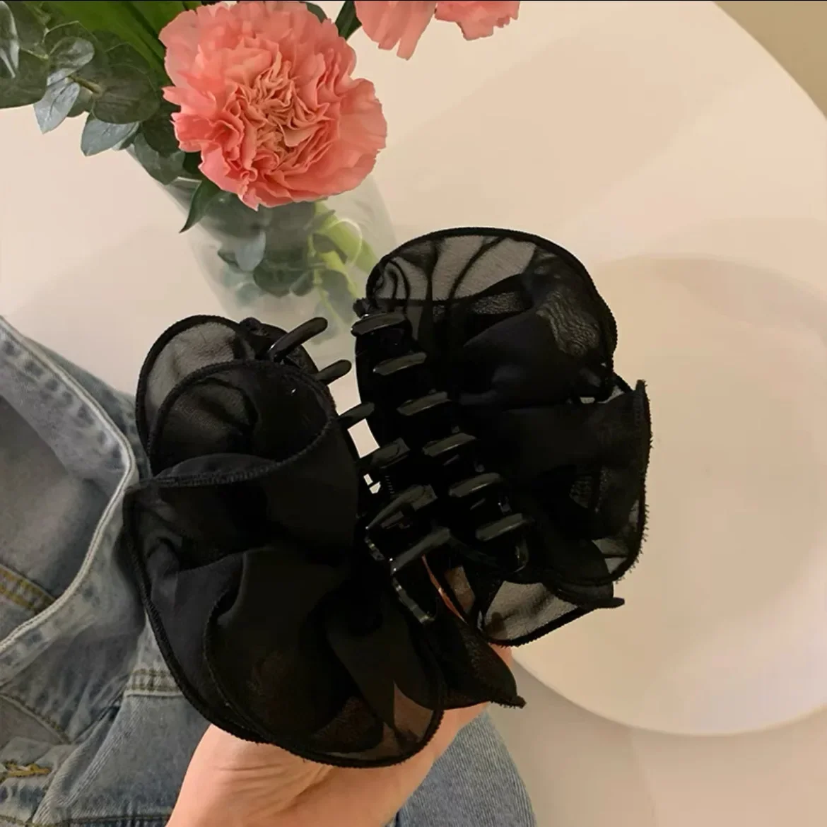 New Large Chiffon Claw Clip Hair Bow Large Size Black Fabric Ribbon Flower Rose Claw Jaw Clamps Clips Accessories for Women