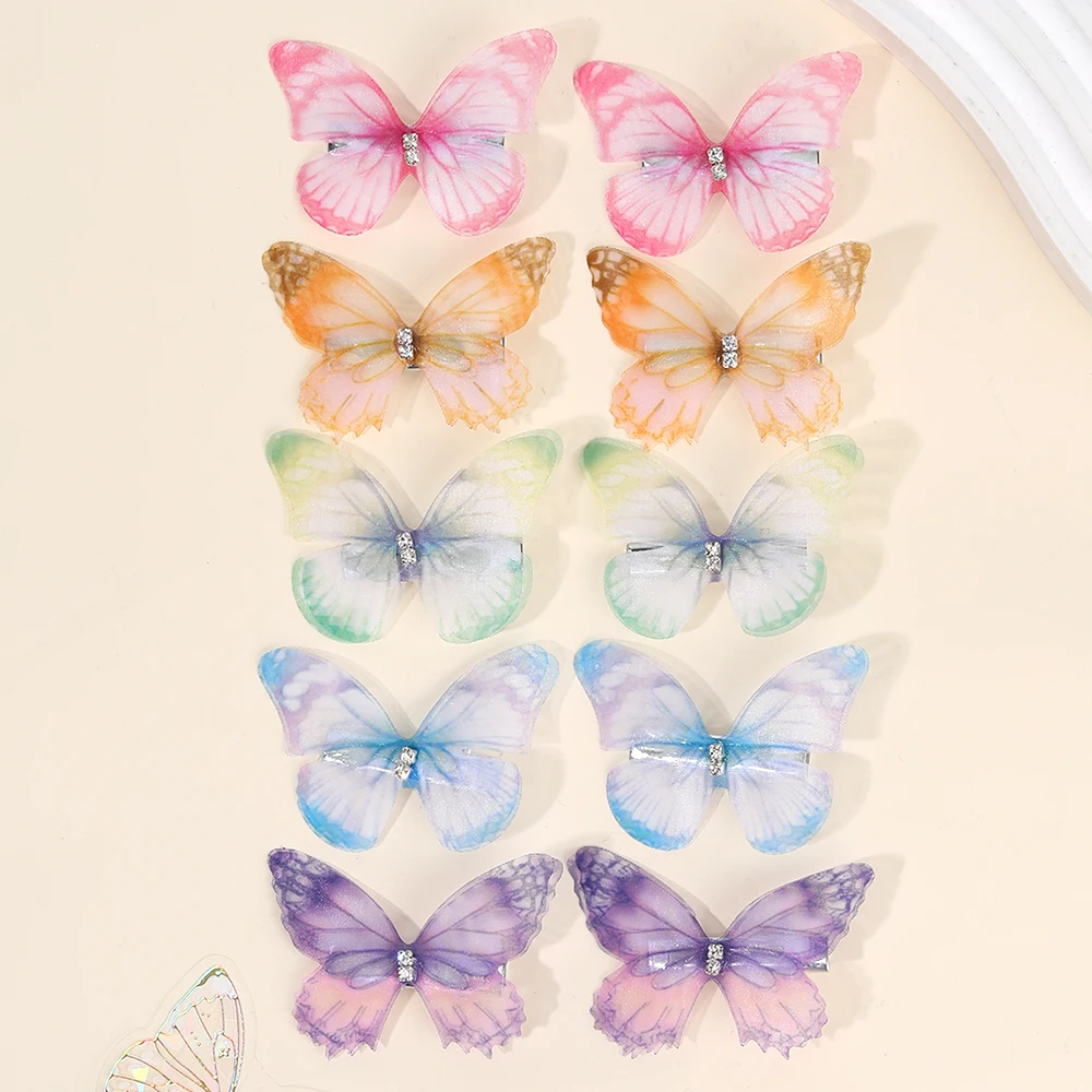 10Pcs Mesh Butterfly Hair Clips Sweet Rhinestone Hairpins Double-layer Giltter Barrette For Girls Kids Fashion Hair Accessories