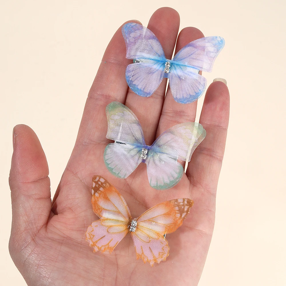 10Pcs Mesh Butterfly Hair Clips Sweet Rhinestone Hairpins Double-layer Giltter Barrette For Girls Kids Fashion Hair Accessories