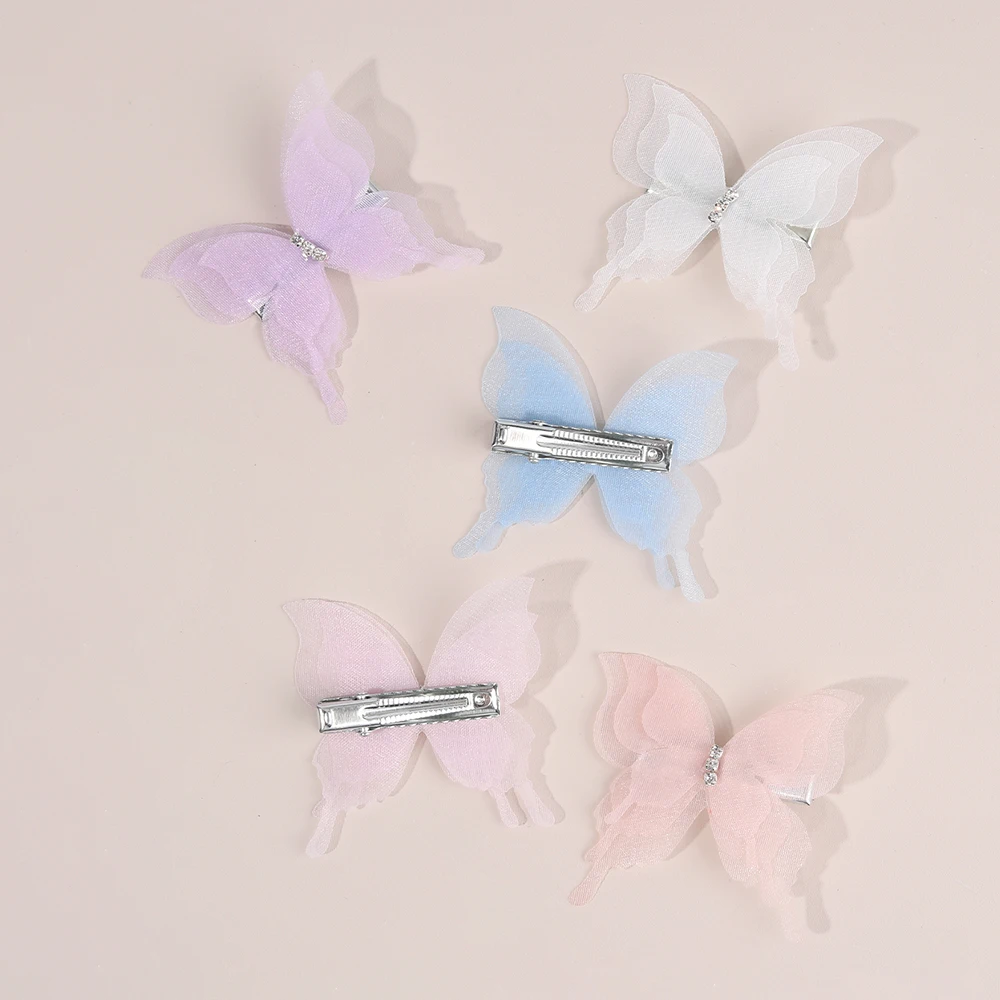 10Pcs Mesh Butterfly Hair Clips Sweet Rhinestone Hairpins Double-layer Giltter Barrette For Girls Kids Fashion Hair Accessories