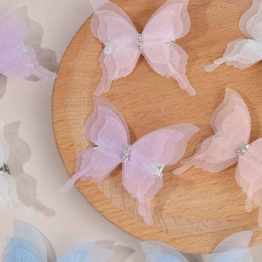 10Pcs Mesh Butterfly Hair Clips Sweet Rhinestone Hairpins Double-layer Giltter Barrette For Girls Kids Fashion Hair Accessories
