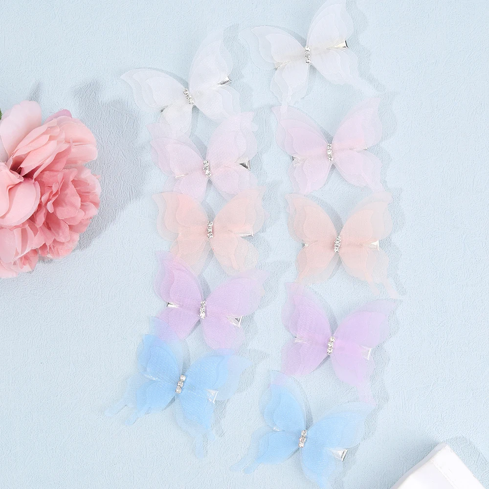 10Pcs Mesh Butterfly Hair Clips Sweet Rhinestone Hairpins Double-layer Giltter Barrette For Girls Kids Fashion Hair Accessories