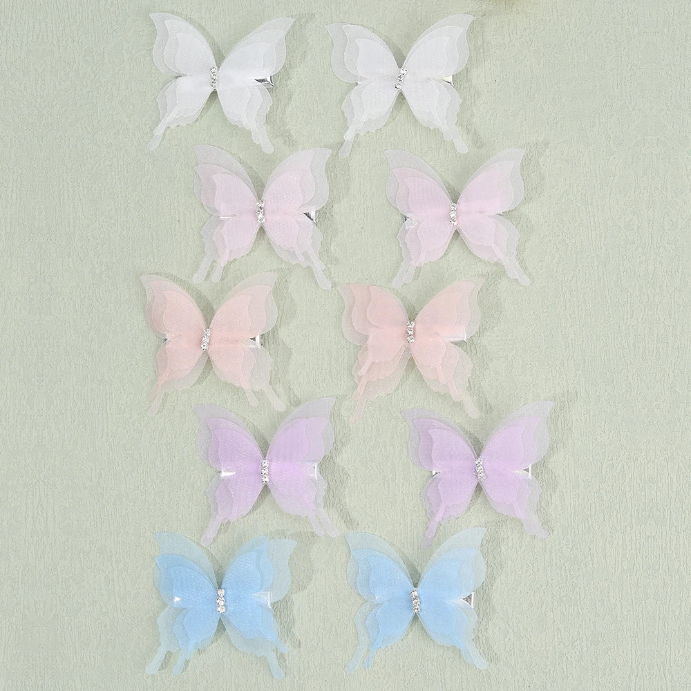 10Pcs Mesh Butterfly Hair Clips Sweet Rhinestone Hairpins Double-layer Giltter Barrette For Girls Kids Fashion Hair Accessories