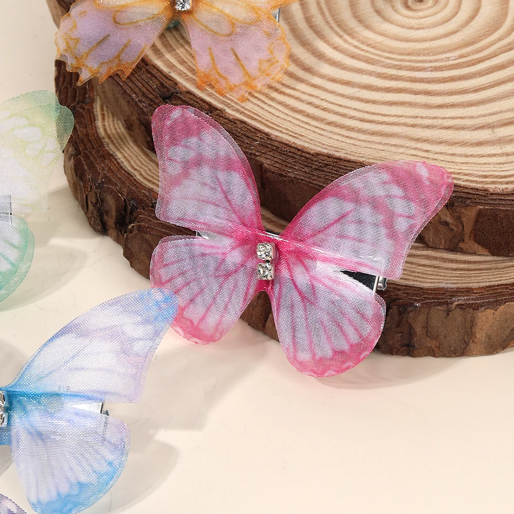 10Pcs Mesh Butterfly Hair Clips Sweet Rhinestone Hairpins Double-layer Giltter Barrette For Girls Kids Fashion Hair Accessories
