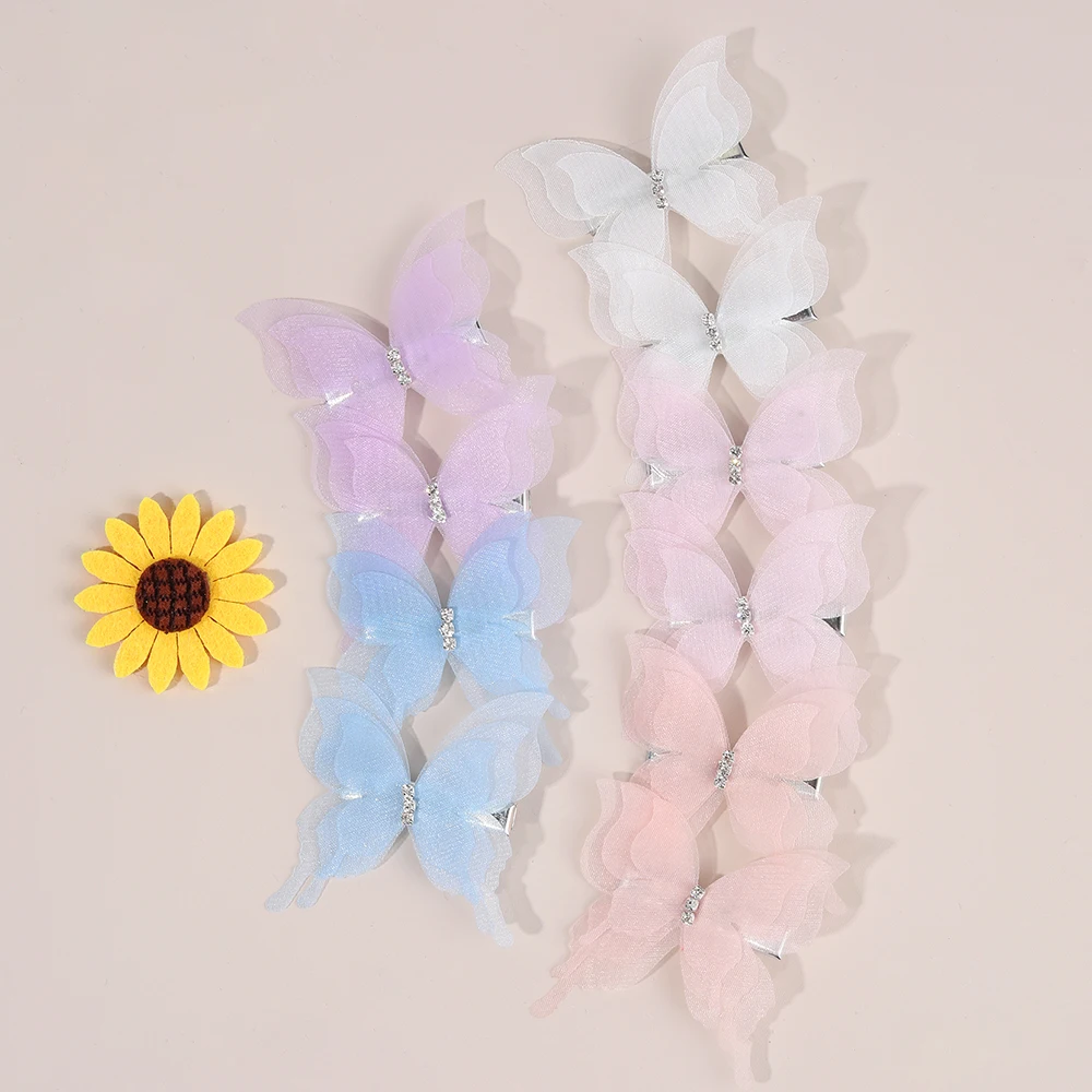 10Pcs Mesh Butterfly Hair Clips Sweet Rhinestone Hairpins Double-layer Giltter Barrette For Girls Kids Fashion Hair Accessories