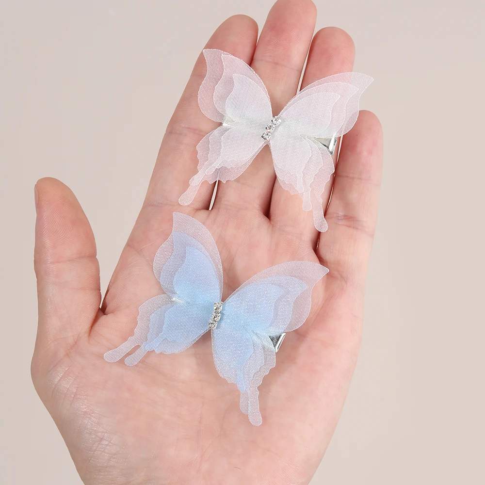 10Pcs Mesh Butterfly Hair Clips Sweet Rhinestone Hairpins Double-layer Giltter Barrette For Girls Kids Fashion Hair Accessories
