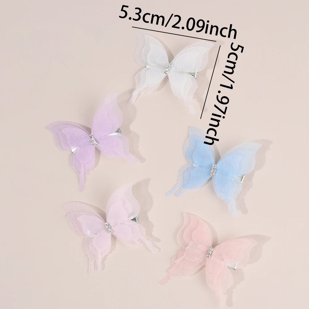 10Pcs Mesh Butterfly Hair Clips Sweet Rhinestone Hairpins Double-layer Giltter Barrette For Girls Kids Fashion Hair Accessories
