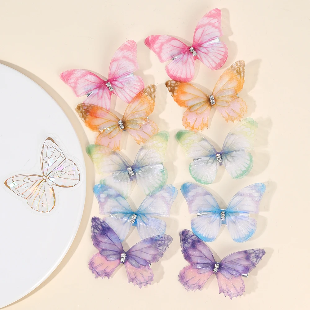 10Pcs Mesh Butterfly Hair Clips Sweet Rhinestone Hairpins Double-layer Giltter Barrette For Girls Kids Fashion Hair Accessories