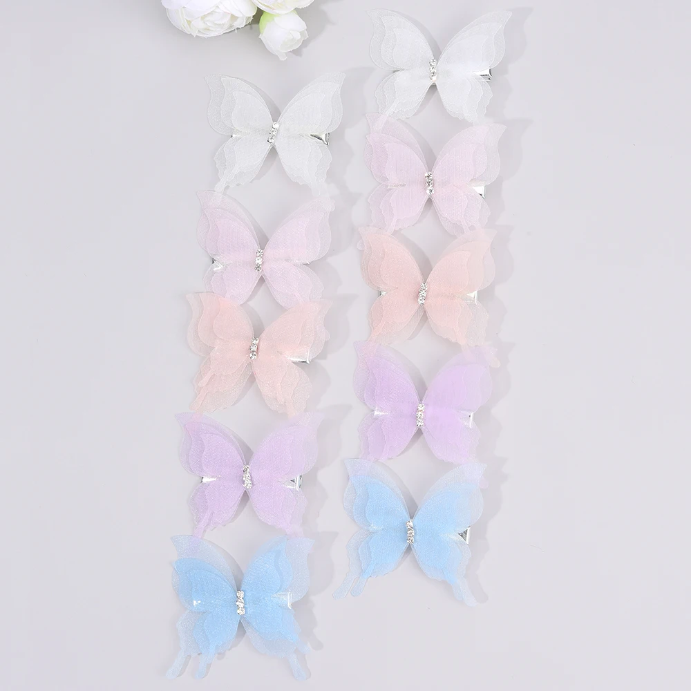 10Pcs Mesh Butterfly Hair Clips Sweet Rhinestone Hairpins Double-layer Giltter Barrette For Girls Kids Fashion Hair Accessories
