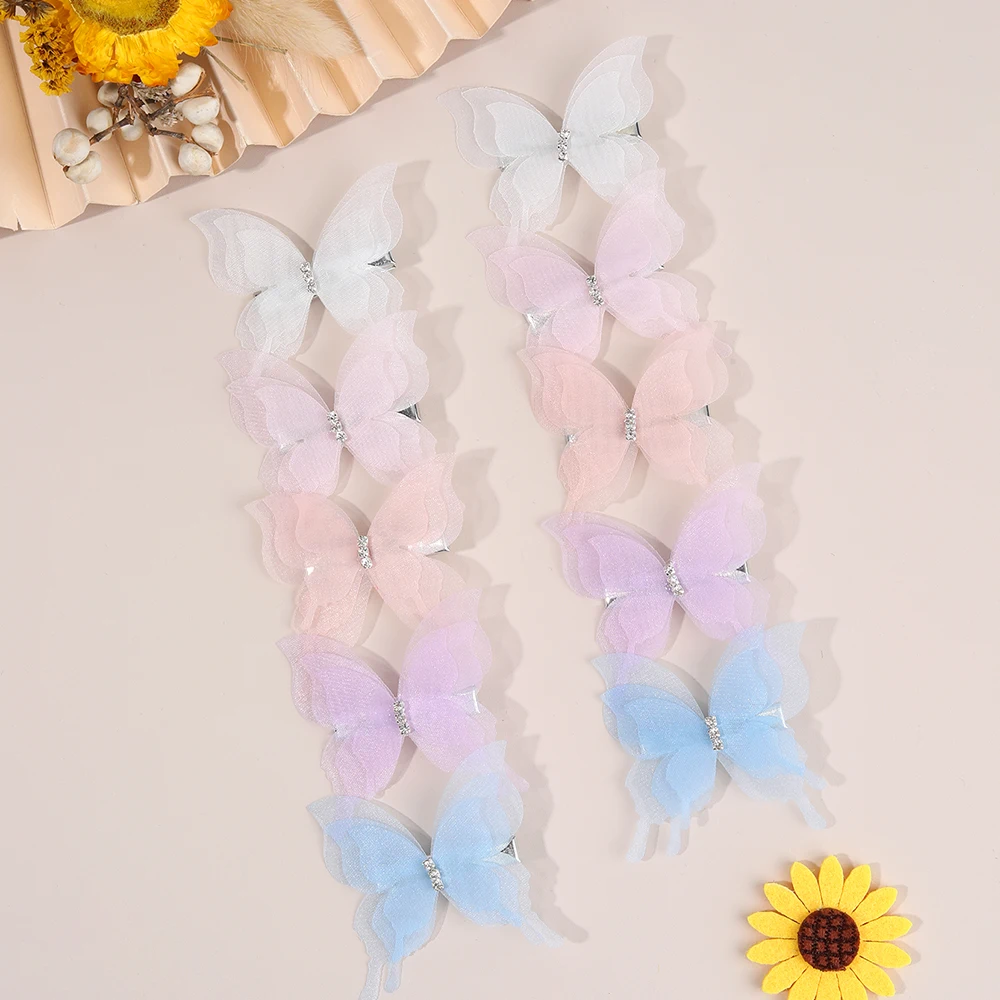 10Pcs Mesh Butterfly Hair Clips Sweet Rhinestone Hairpins Double-layer Giltter Barrette For Girls Kids Fashion Hair Accessories