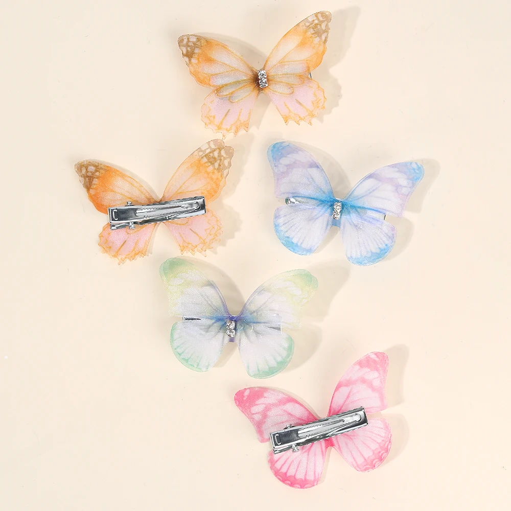 10Pcs Mesh Butterfly Hair Clips Sweet Rhinestone Hairpins Double-layer Giltter Barrette For Girls Kids Fashion Hair Accessories