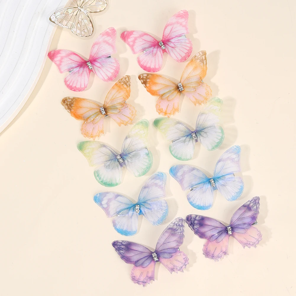 10Pcs Mesh Butterfly Hair Clips Sweet Rhinestone Hairpins Double-layer Giltter Barrette For Girls Kids Fashion Hair Accessories