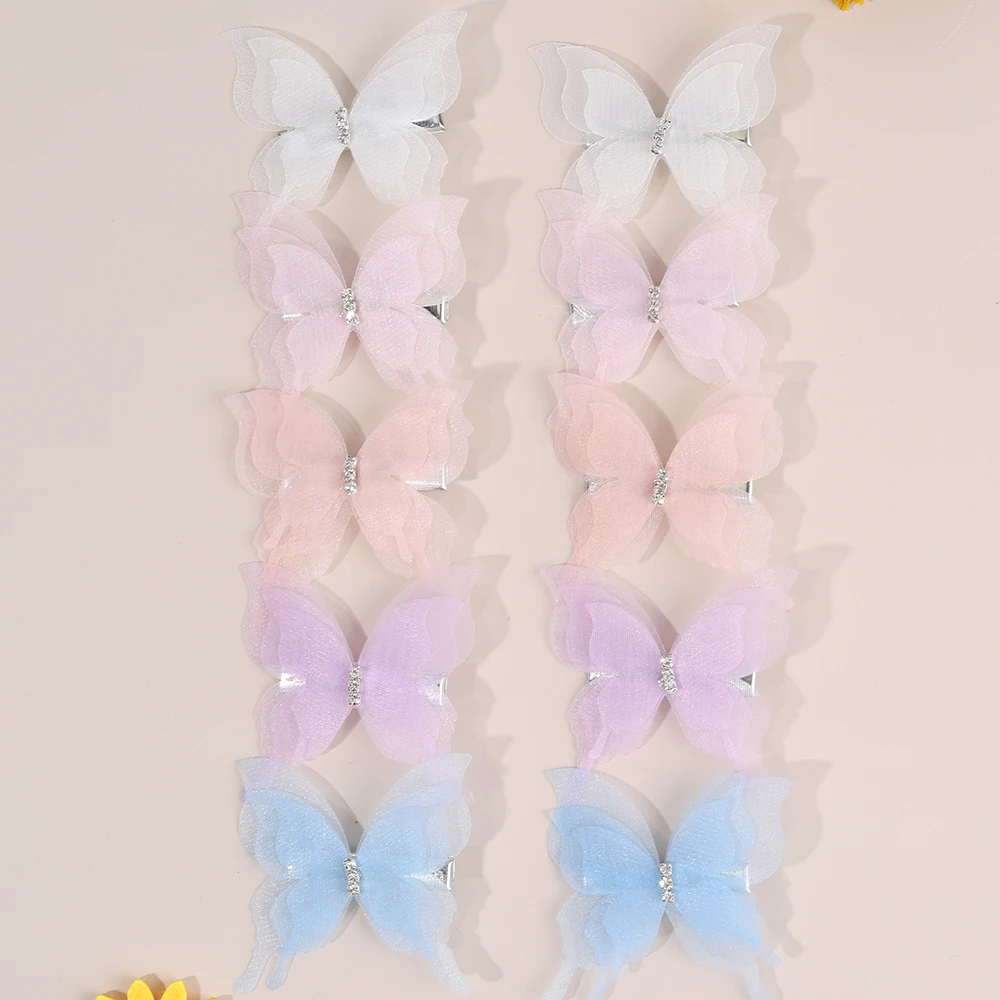 10Pcs Mesh Butterfly Hair Clips Sweet Rhinestone Hairpins Double-layer Giltter Barrette For Girls Kids Fashion Hair Accessories