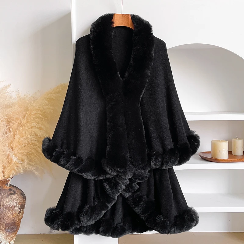 New Winter Thicken Mink Wool Full Trims Faux Fur Cape - Women's Hooded Loose Fleece Cloak Coat Party Dress Wraps Warm