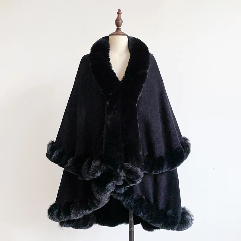 New Winter Thicken Mink Wool Full Trims Faux Fur Cape - Women's Hooded Loose Fleece Cloak Coat Party Dress Wraps Warm