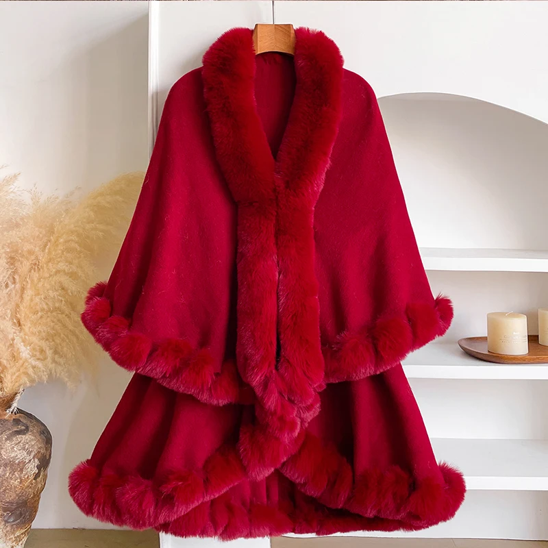 New Winter Thicken Mink Wool Full Trims Faux Fur Cape - Women's Hooded Loose Fleece Cloak Coat Party Dress Wraps Warm