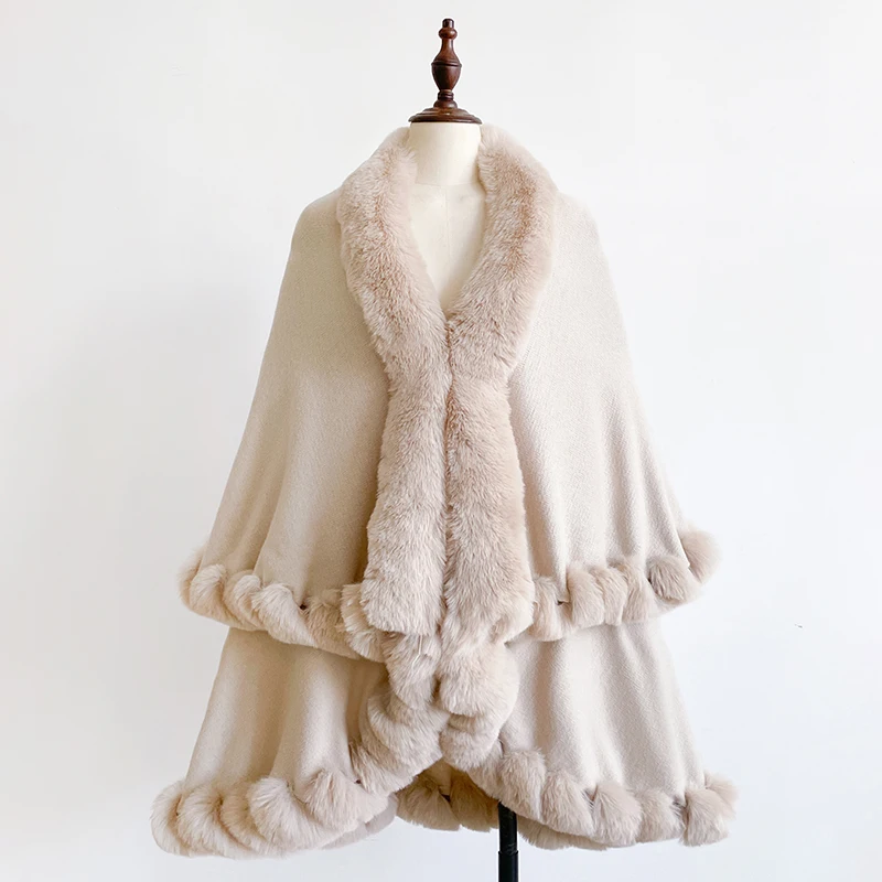 New Winter Thicken Mink Wool Full Trims Faux Fur Cape - Women's Hooded Loose Fleece Cloak Coat Party Dress Wraps Warm