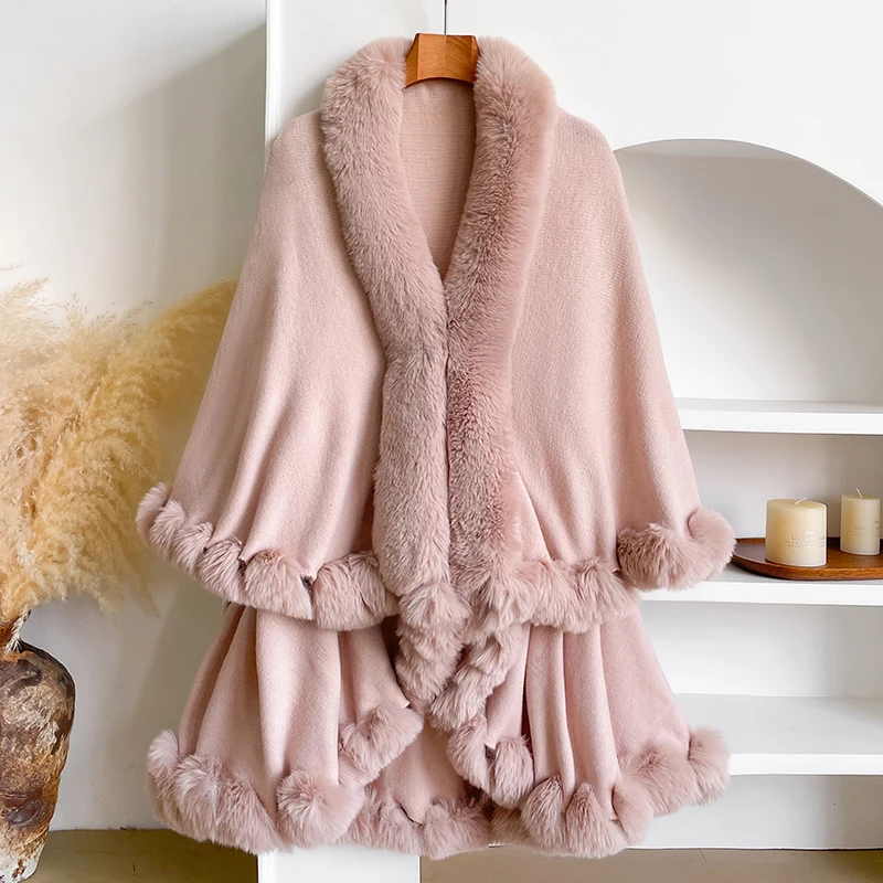 New Winter Thicken Mink Wool Full Trims Faux Fur Cape - Women's Hooded Loose Fleece Cloak Coat Party Dress Wraps Warm