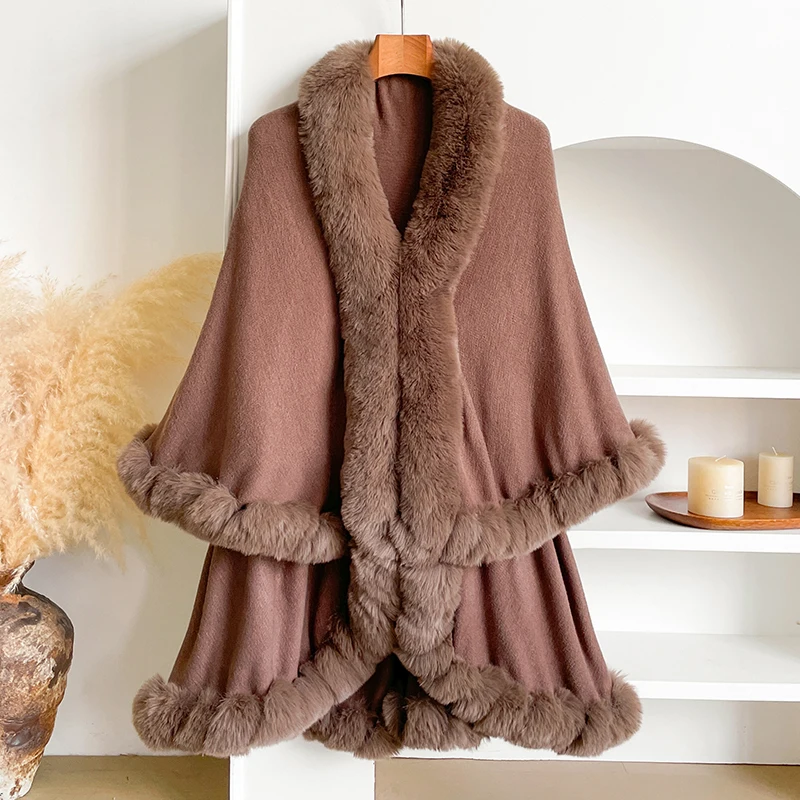 New Winter Thicken Mink Wool Full Trims Faux Fur Cape - Women's Hooded Loose Fleece Cloak Coat Party Dress Wraps Warm