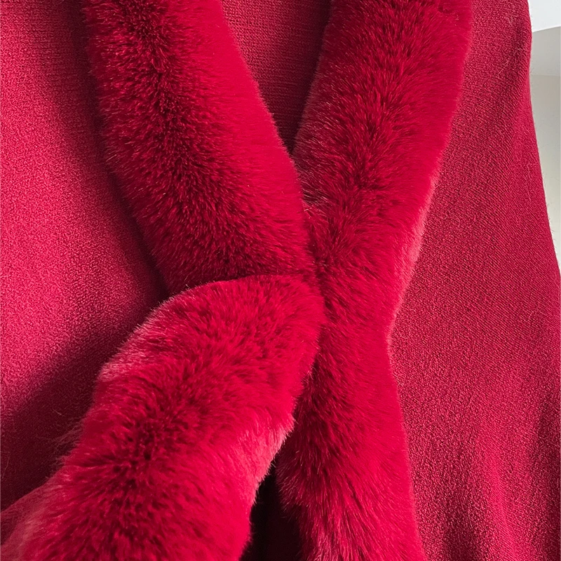 New Winter Thicken Mink Wool Full Trims Faux Fur Cape - Women's Hooded Loose Fleece Cloak Coat Party Dress Wraps Warm