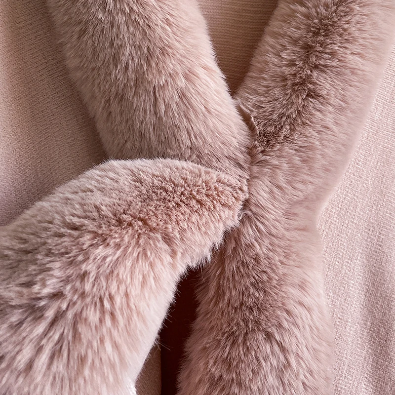 New Winter Thicken Mink Wool Full Trims Faux Fur Cape - Women's Hooded Loose Fleece Cloak Coat Party Dress Wraps Warm