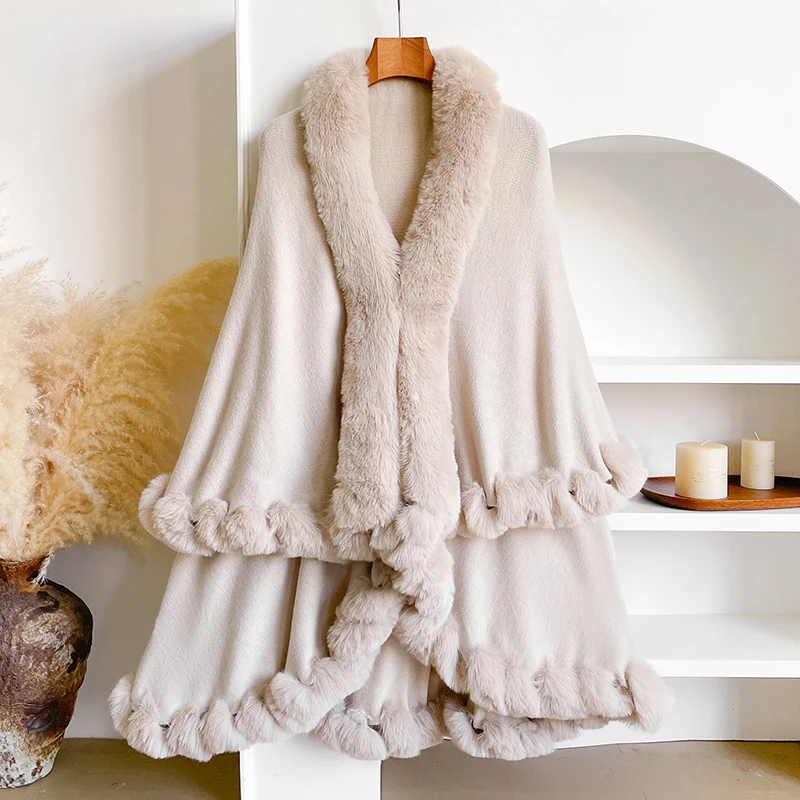 New Winter Thicken Mink Wool Full Trims Faux Fur Cape - Women's Hooded Loose Fleece Cloak Coat Party Dress Wraps Warm