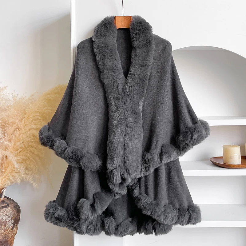 New Winter Thicken Mink Wool Full Trims Faux Fur Cape - Women's Hooded Loose Fleece Cloak Coat Party Dress Wraps Warm
