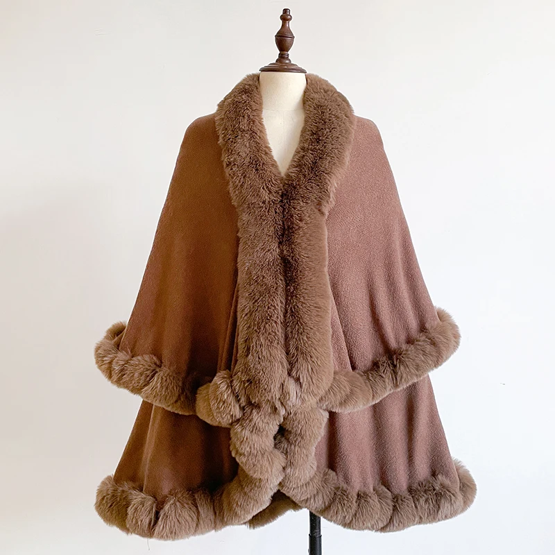 New Winter Thicken Mink Wool Full Trims Faux Fur Cape - Women's Hooded Loose Fleece Cloak Coat Party Dress Wraps Warm