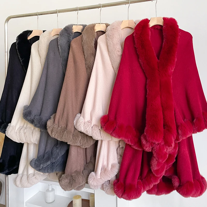 New Winter Thicken Mink Wool Full Trims Faux Fur Cape - Women's Hooded Loose Fleece Cloak Coat Party Dress Wraps Warm