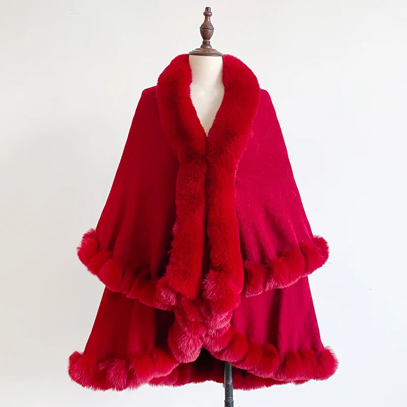 New Winter Thicken Mink Wool Full Trims Faux Fur Cape - Women's Hooded Loose Fleece Cloak Coat Party Dress Wraps Warm