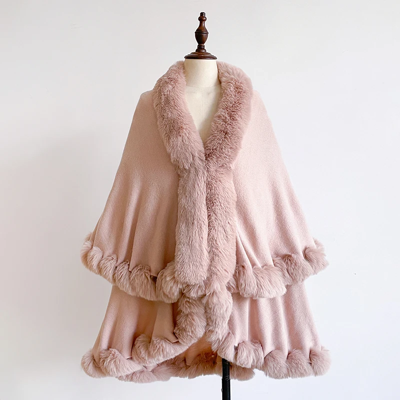 New Winter Thicken Mink Wool Full Trims Faux Fur Cape - Women's Hooded Loose Fleece Cloak Coat Party Dress Wraps Warm