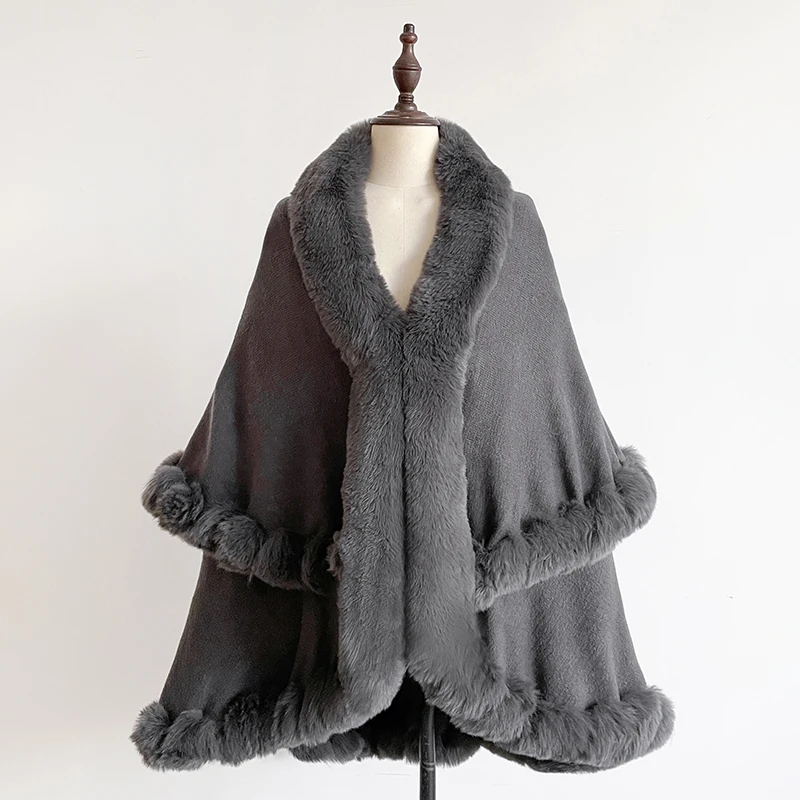 New Winter Thicken Mink Wool Full Trims Faux Fur Cape - Women's Hooded Loose Fleece Cloak Coat Party Dress Wraps Warm