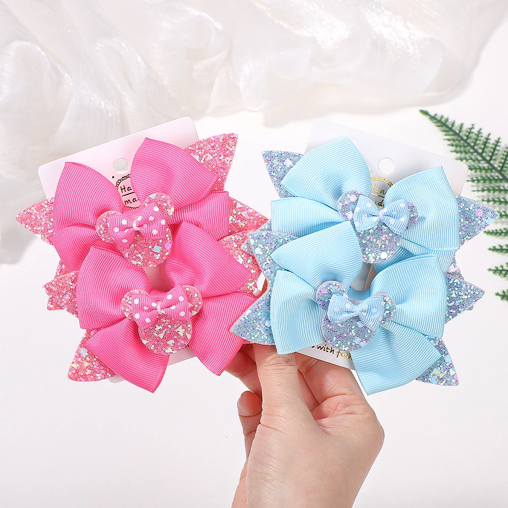 2Pcs/lot 3.9in Big Bows Hair Bangs Clip for Little Girls cartoon Party Headdress Sweet Polka Dot Bow Hair Clip Set