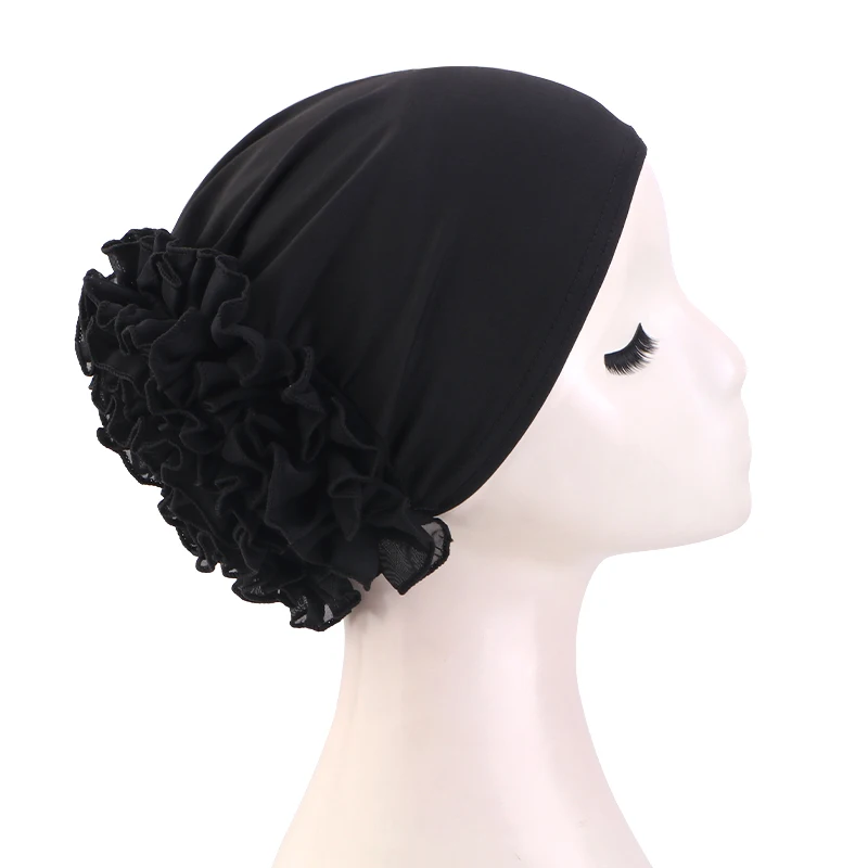 Women's breathable elastic chiffon hat with large flowers Solid color thin bottom cap Islamic Head Wrap African Bandana Head