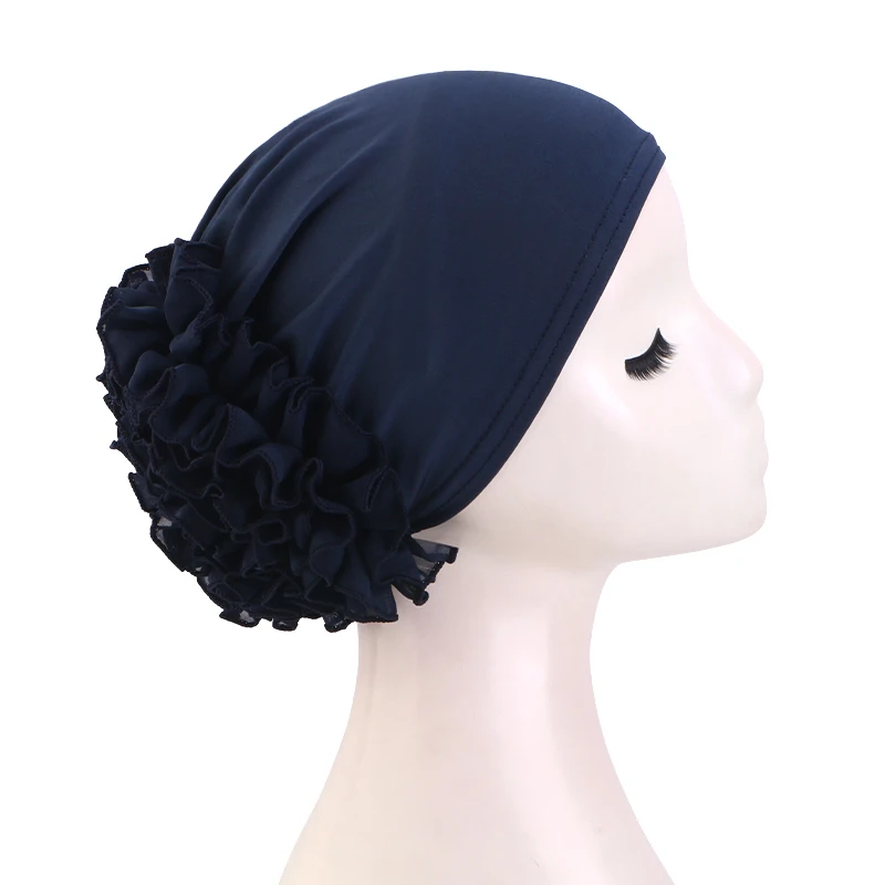 Women's breathable elastic chiffon hat with large flowers Solid color thin bottom cap Islamic Head Wrap African Bandana Head