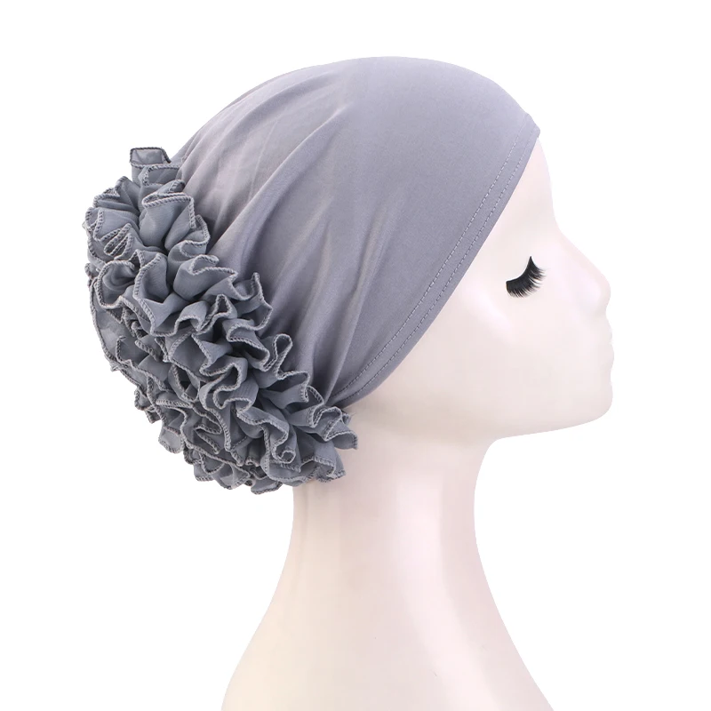 Women's breathable elastic chiffon hat with large flowers Solid color thin bottom cap Islamic Head Wrap African Bandana Head